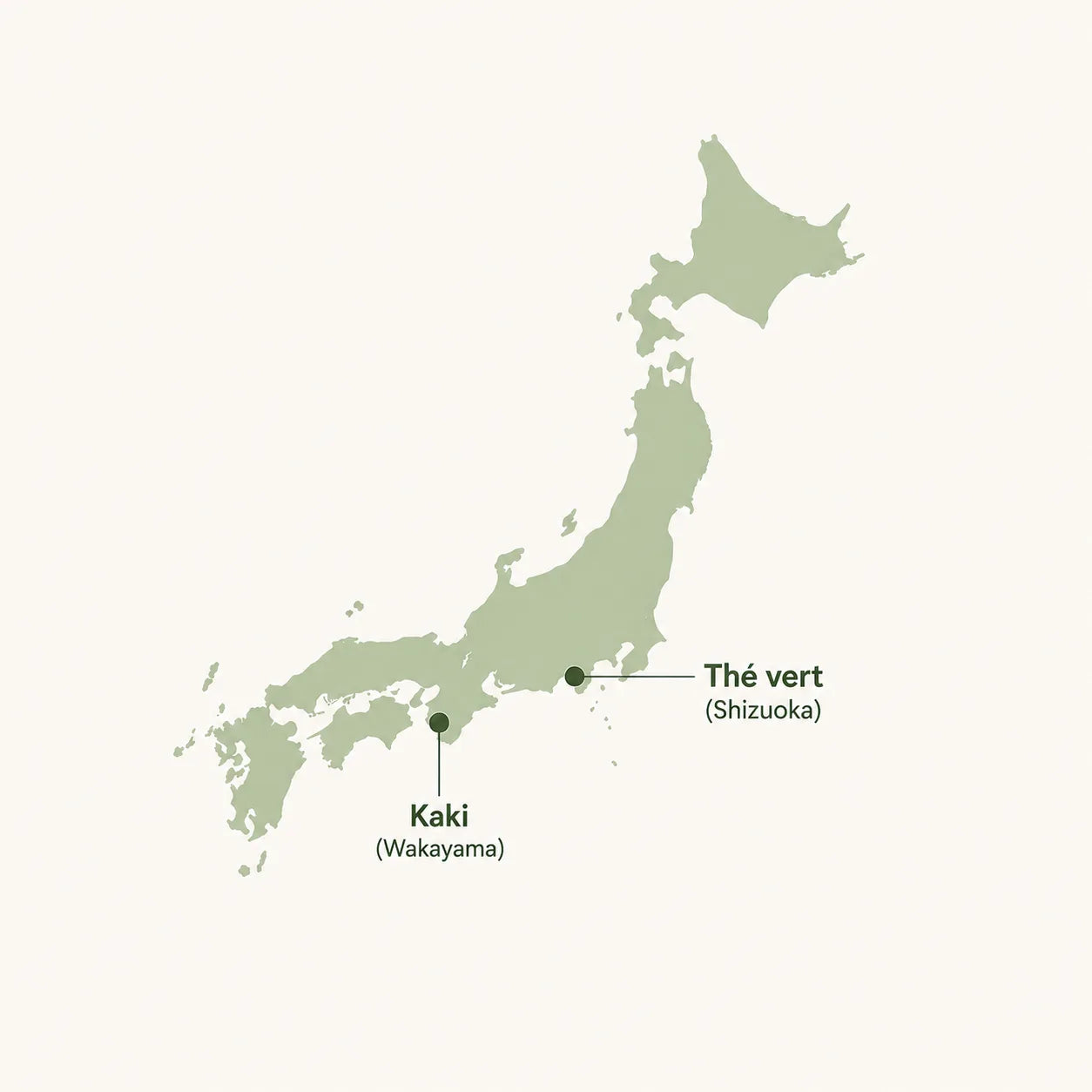 Carte du Japon avec les régions d'origine du kaki (Wakayama) et du thé vert (Shizuoka)